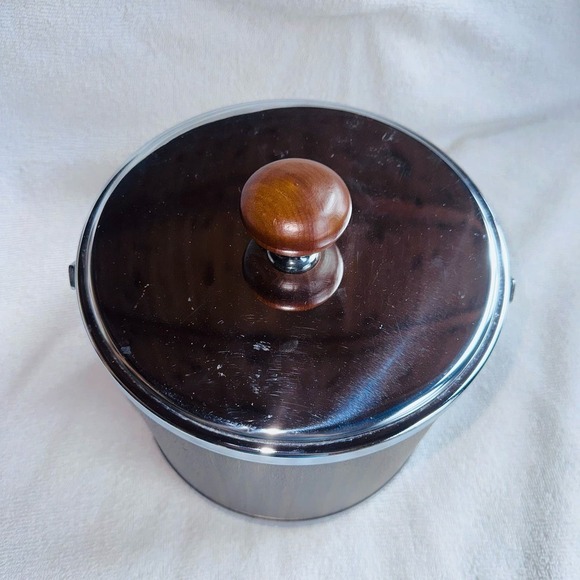 Vintage Atapco MCM Faux Wood Grain Vinyl Chrome Ice Bucket Mid Century USA - Picture 1 of 10